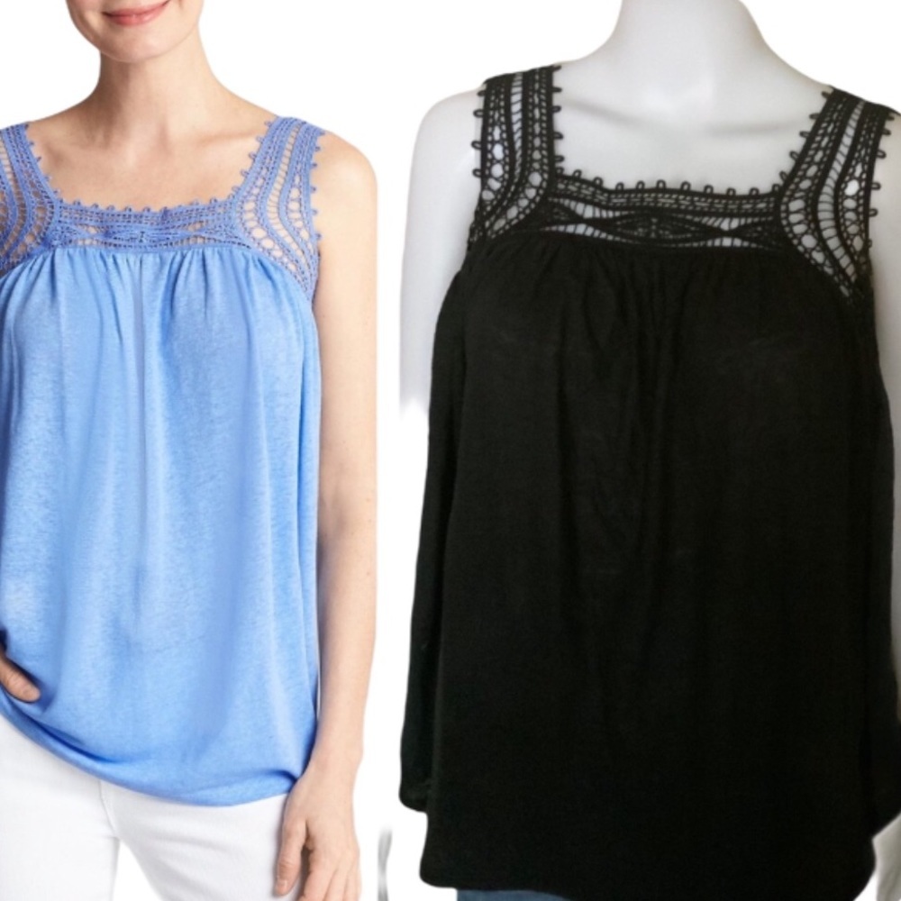 GAP Linen Scoop Neck Tank/Top With Crochet Trim Detailing Black Size XS